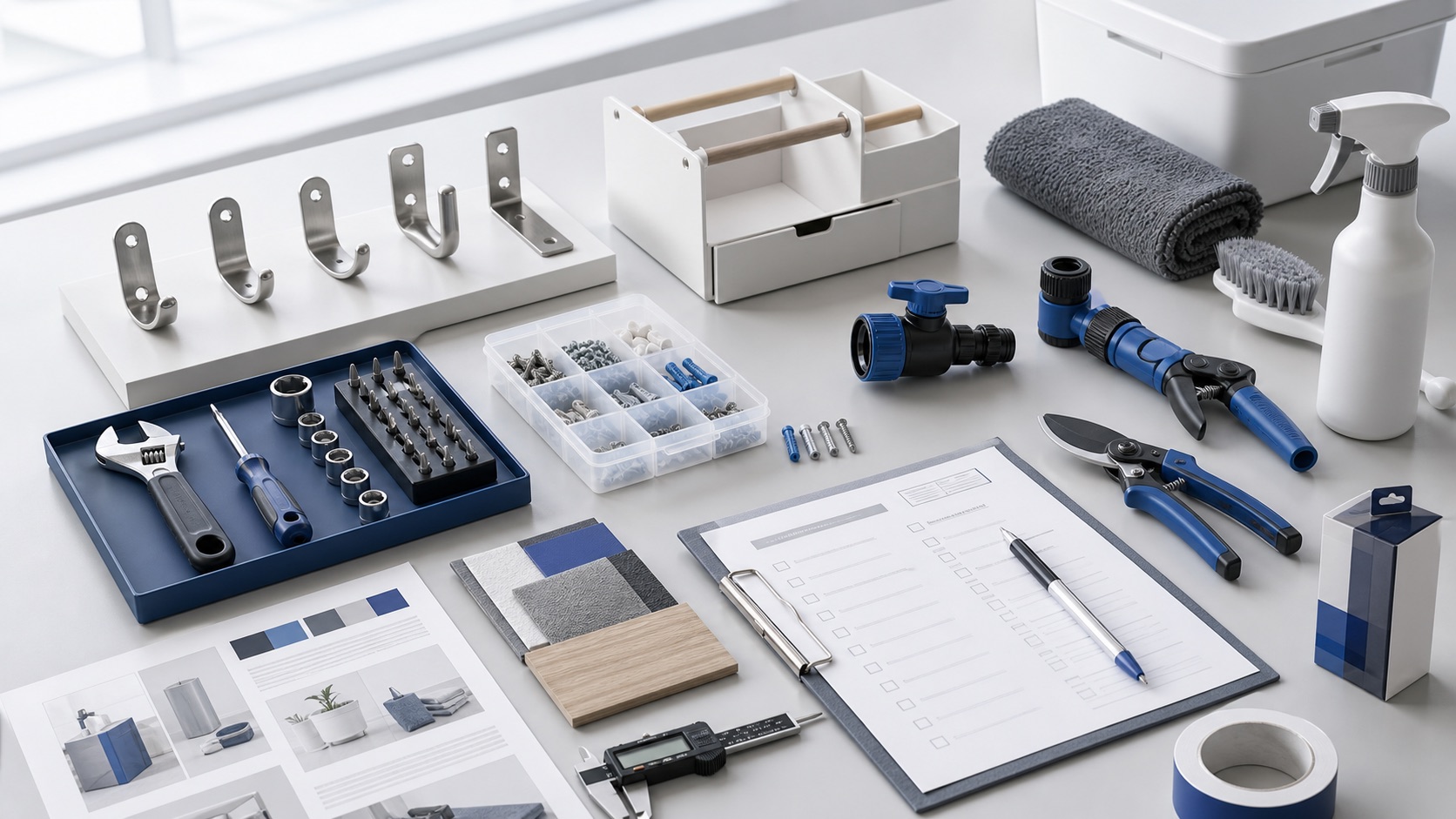 Illustrative product review workflow with practical product samples and measuring tools