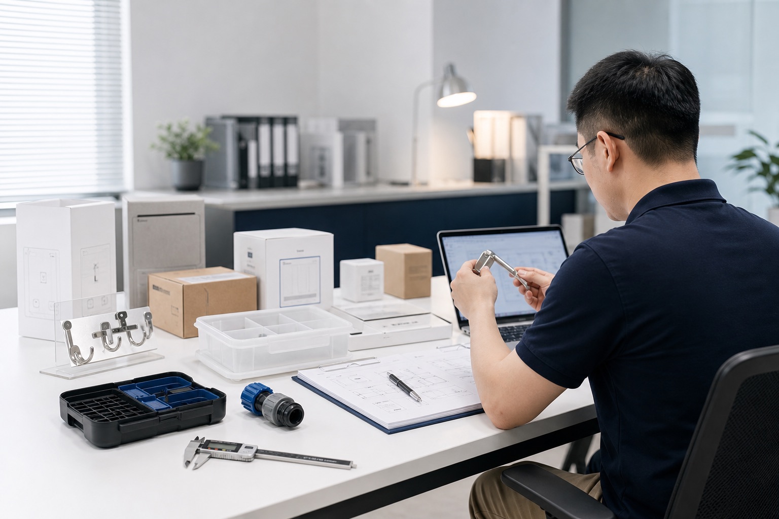 Illustrative product review workflow with practical product samples and measuring tools